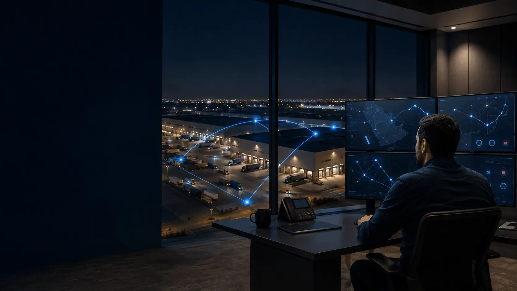 Operations manager watching live logistics dashboards and a Saudi network map above the yard