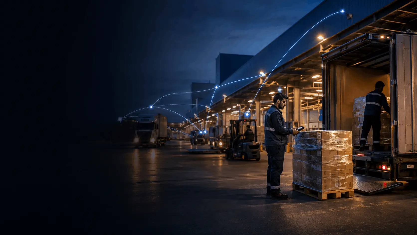 Dock worker with a handheld scanner loading a truck, connected by arcing data lines