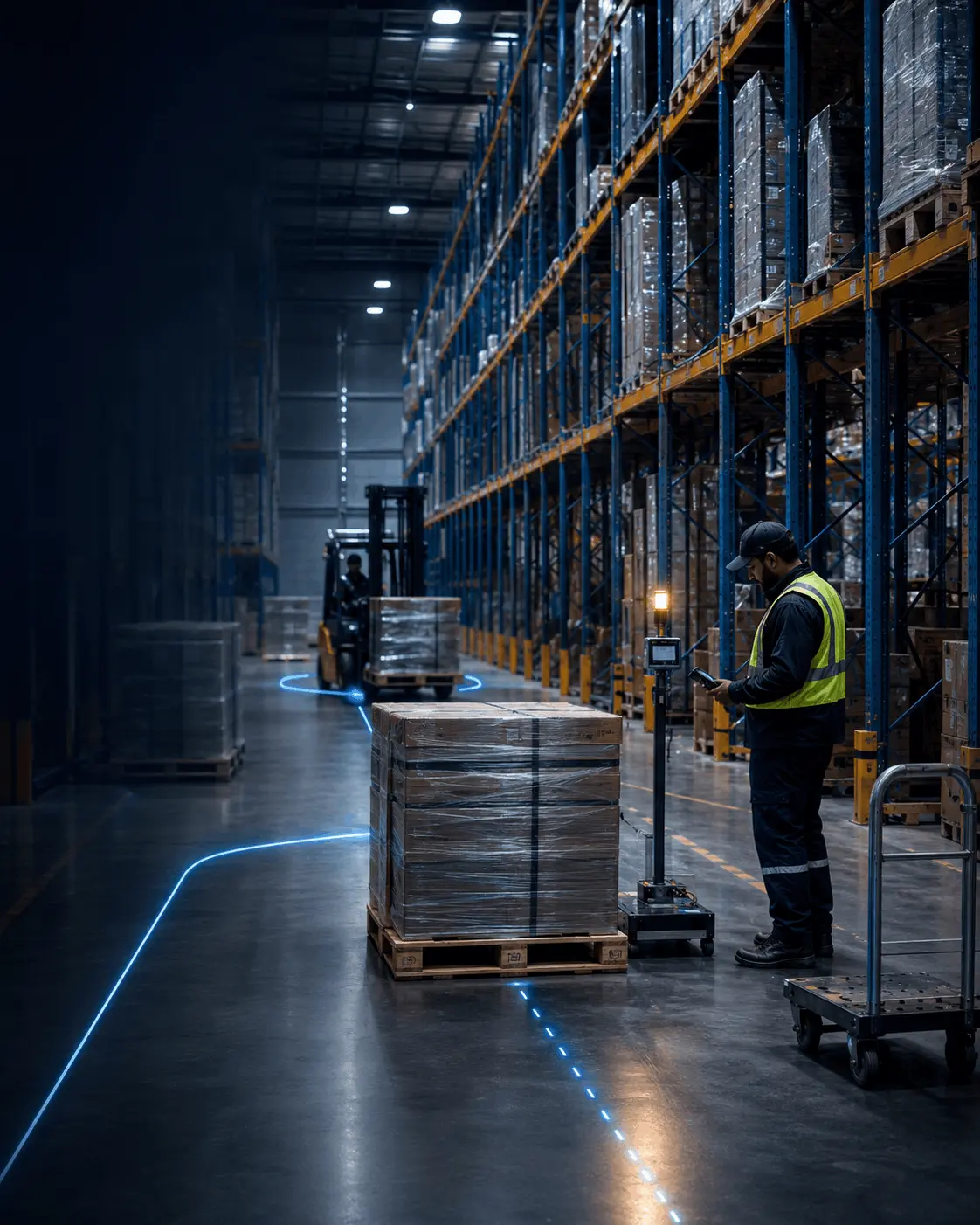 Warehouse operator scanning a wrapped pallet beside high racking at night